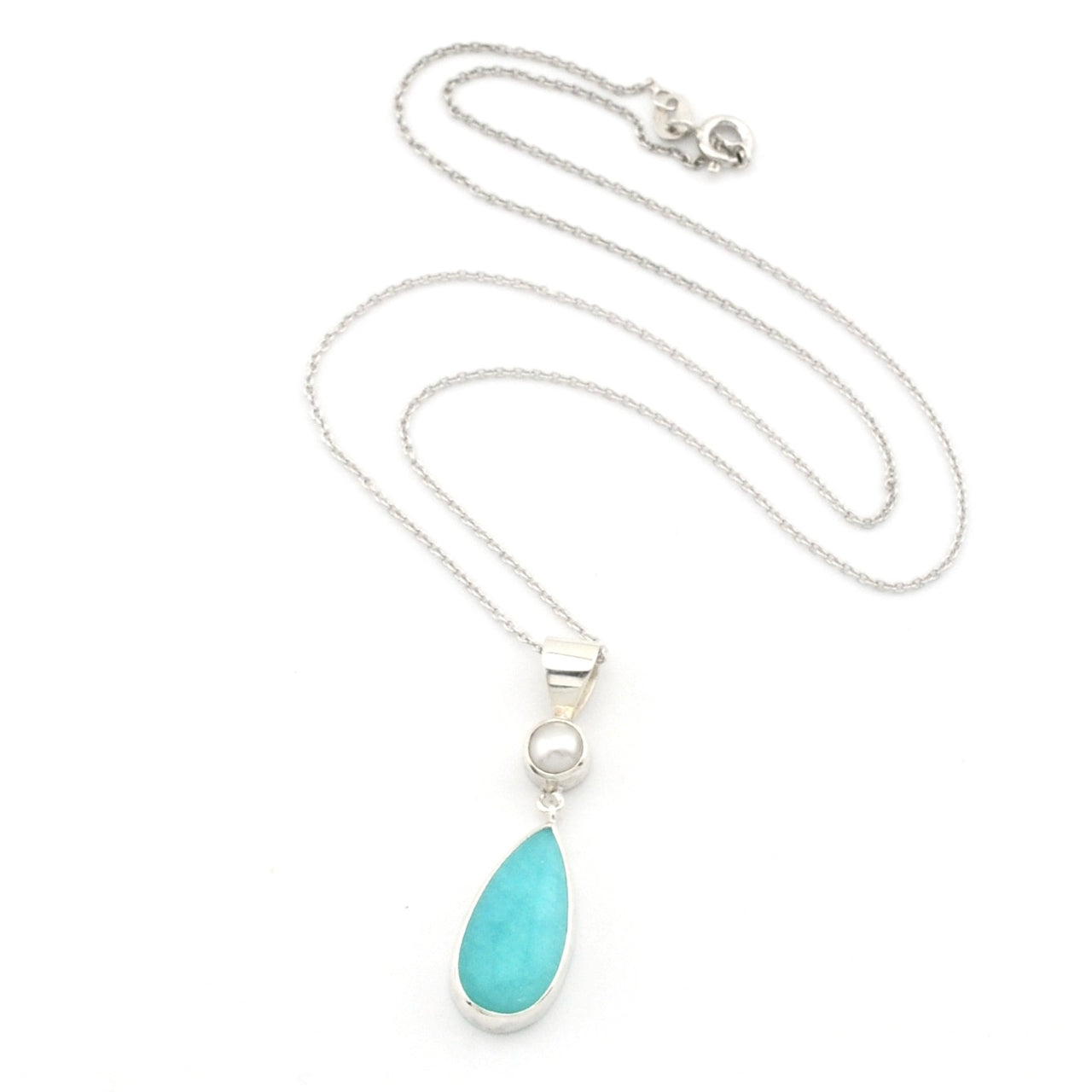 Sterling Silver Pearl Amazonite Tear Necklace on white background
