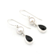 Silver Pearl Black Onyx Dangle Earrings on white background