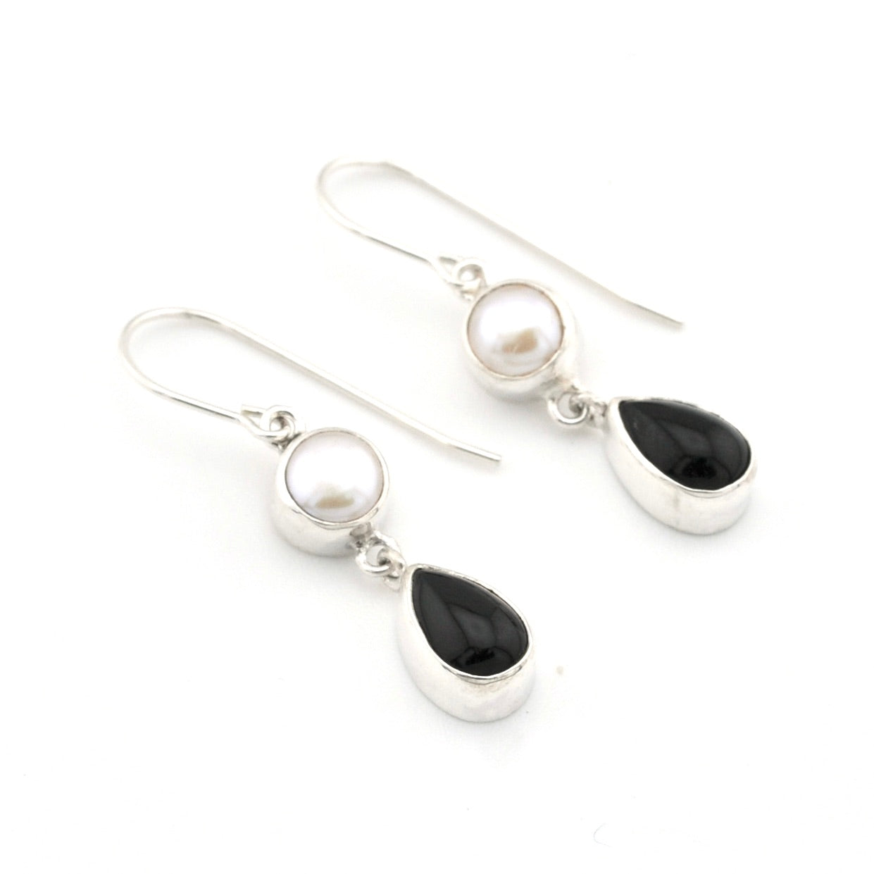 Silver Pearl Black Onyx Dangle Earrings on white background