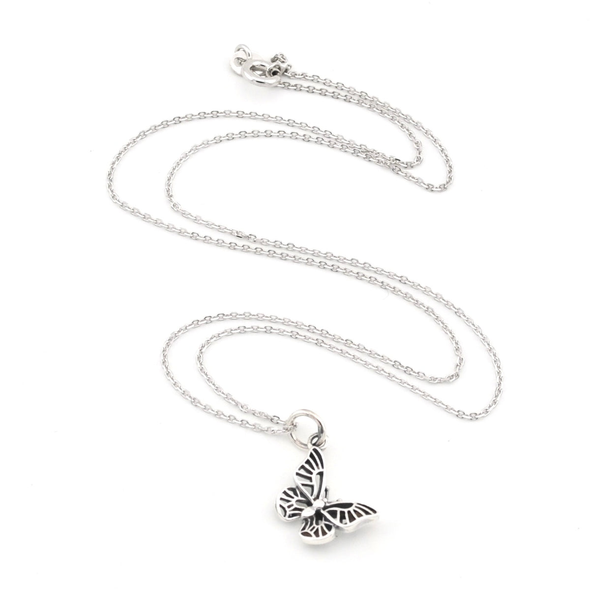 A silver butterfly pendant necklace on a delicate silver chain, displayed against a clean white background.