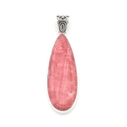A teardrop-shaped pink gemstone pendant set in a polished silver bezel with an ornate silver bail, shown against a plain white background.