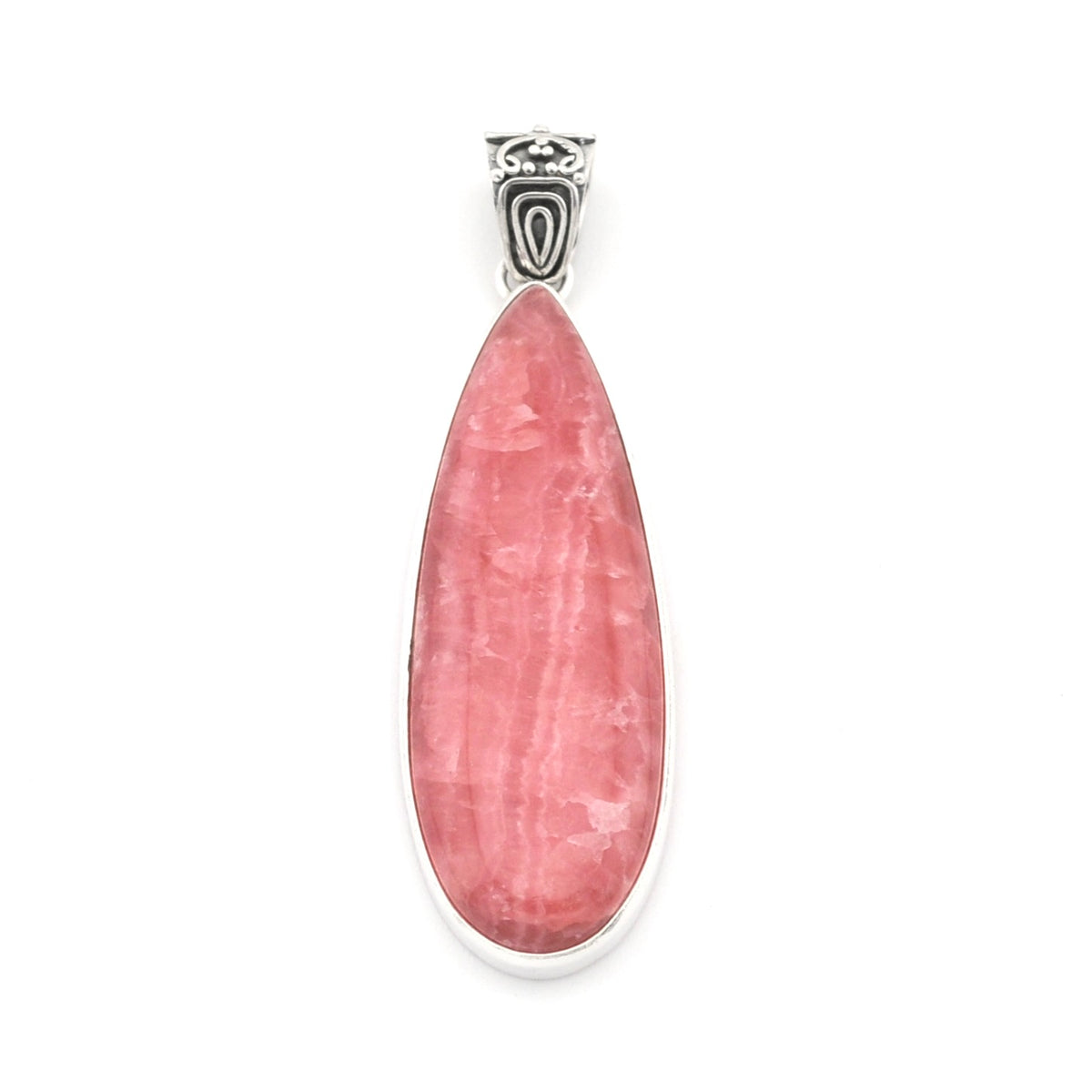 A teardrop-shaped pink gemstone pendant set in a polished silver bezel with an ornate silver bail, shown against a plain white background.