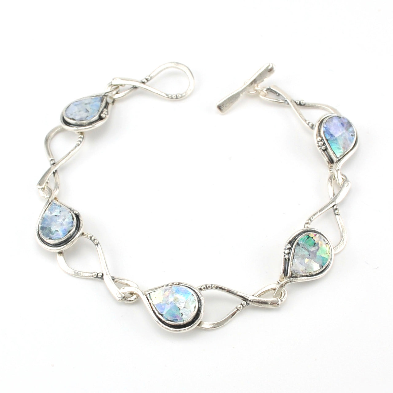 Sterling Silver Roman Glass 5 Teardrop Toggle Bracelet