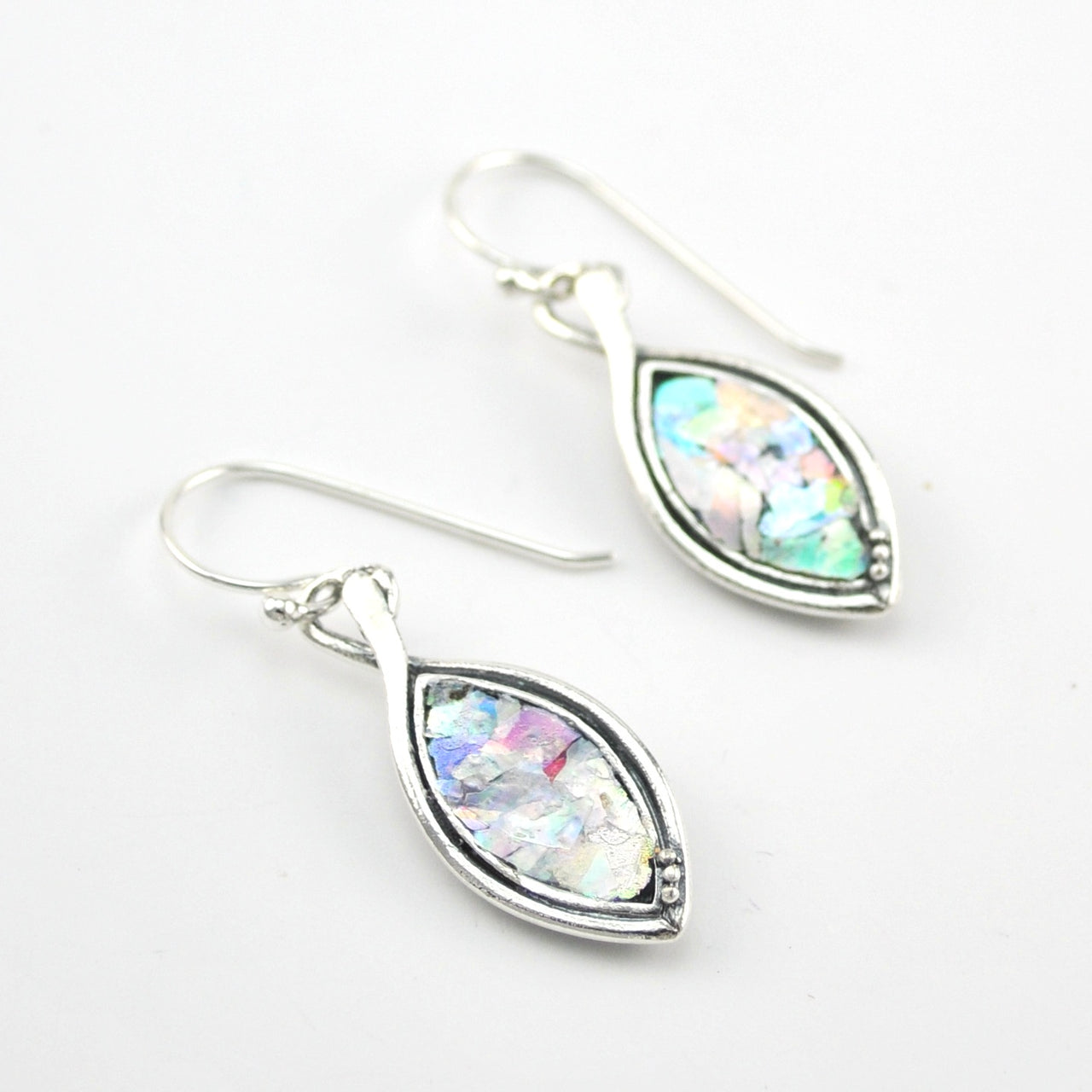 Sterling Silver Roman Glass Marquise Dangle Earrings