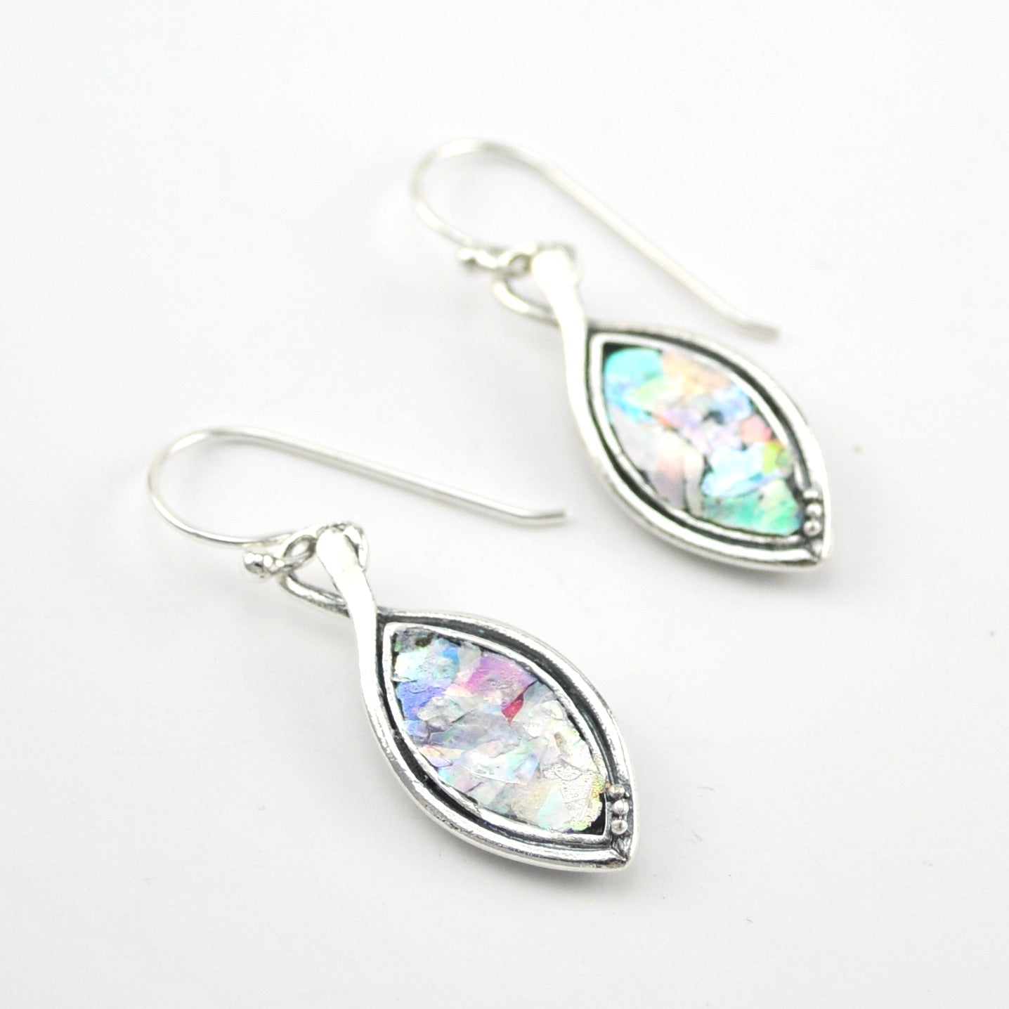 Sterling Silver Roman Glass Marquise Dangle Earrings