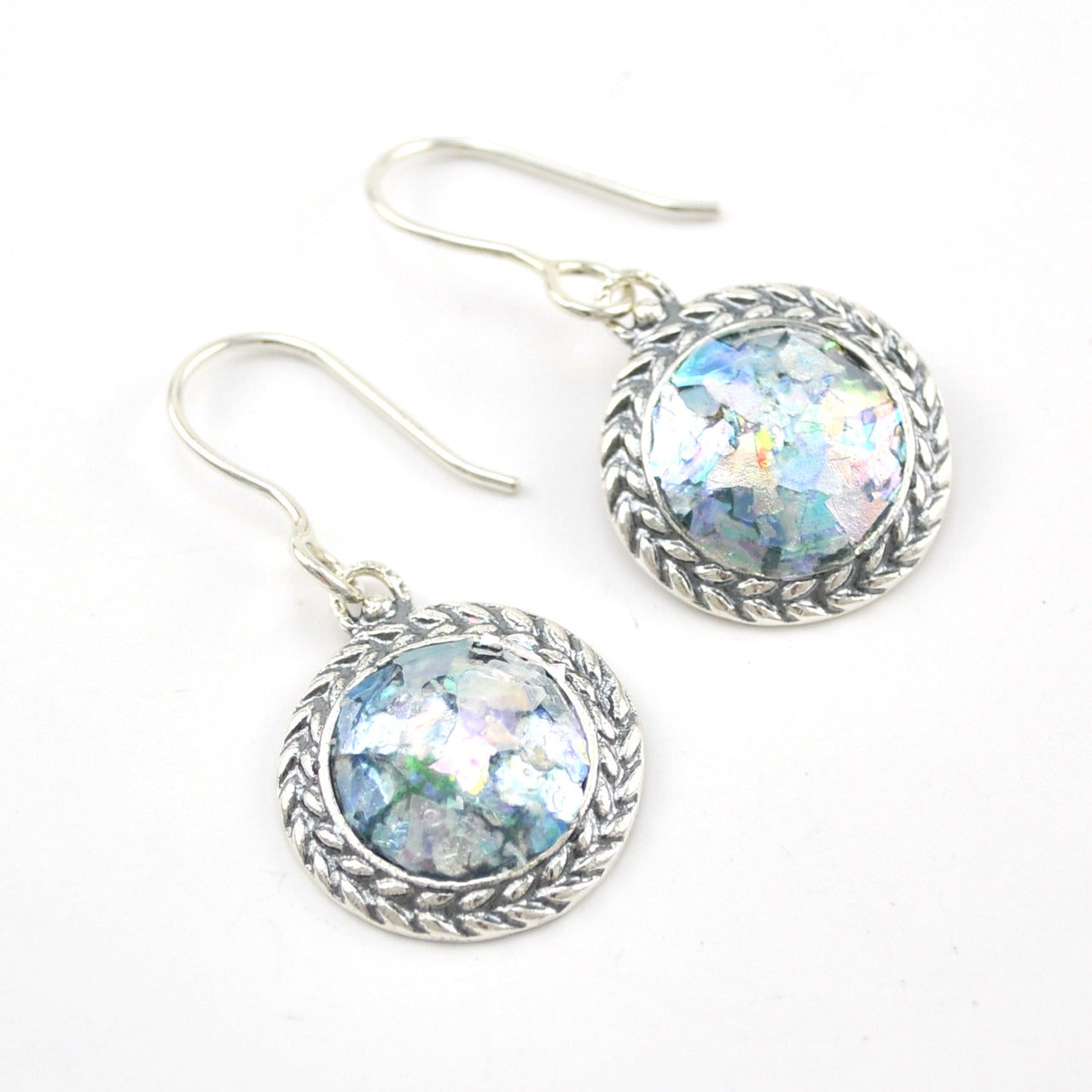 Sterling Silver Roman Glass Round Dangle Earrings