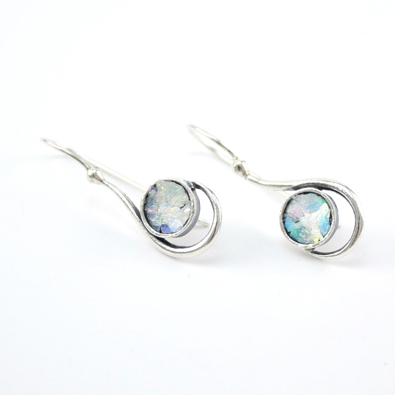 Sterling Silver Roman Glass Round Swirl Dangle Earrings