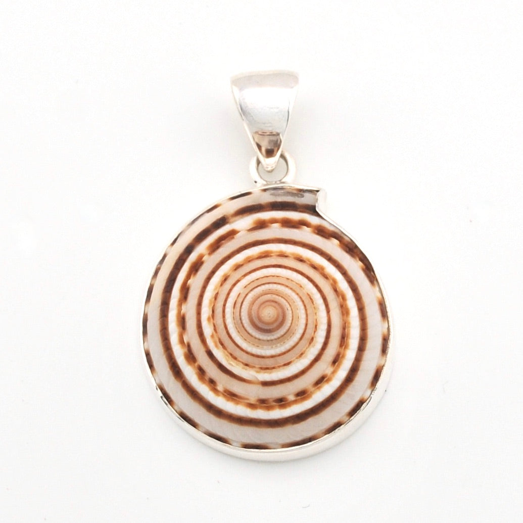 Shell pendant with spiral pattern on a white background