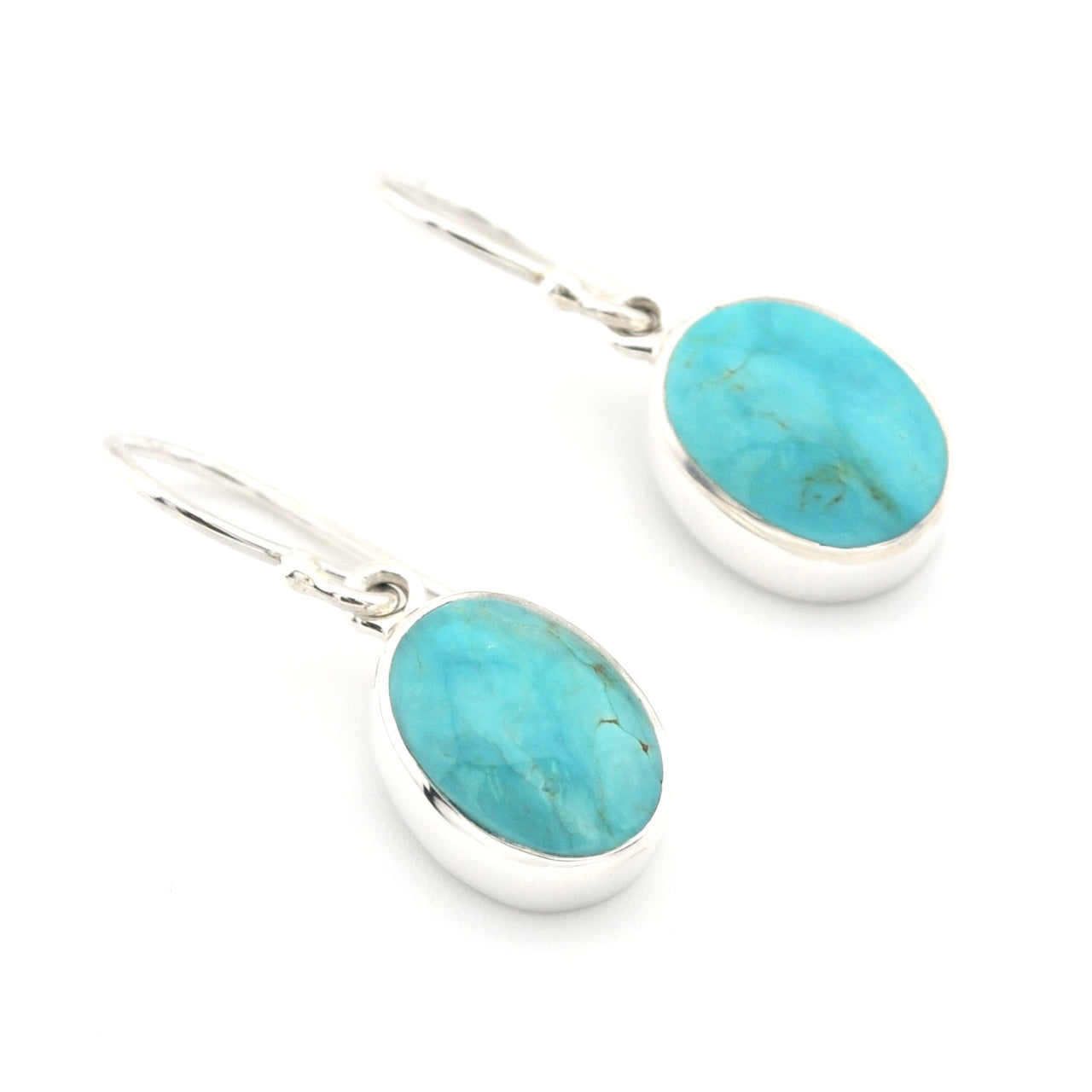A pair of oval turquoise dangle earrings on a white background
