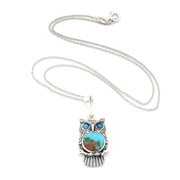 A sterling silver owl pendant necklace featuring a turquoise and brown stone face with blue stone eyes, displayed on a clean white background.