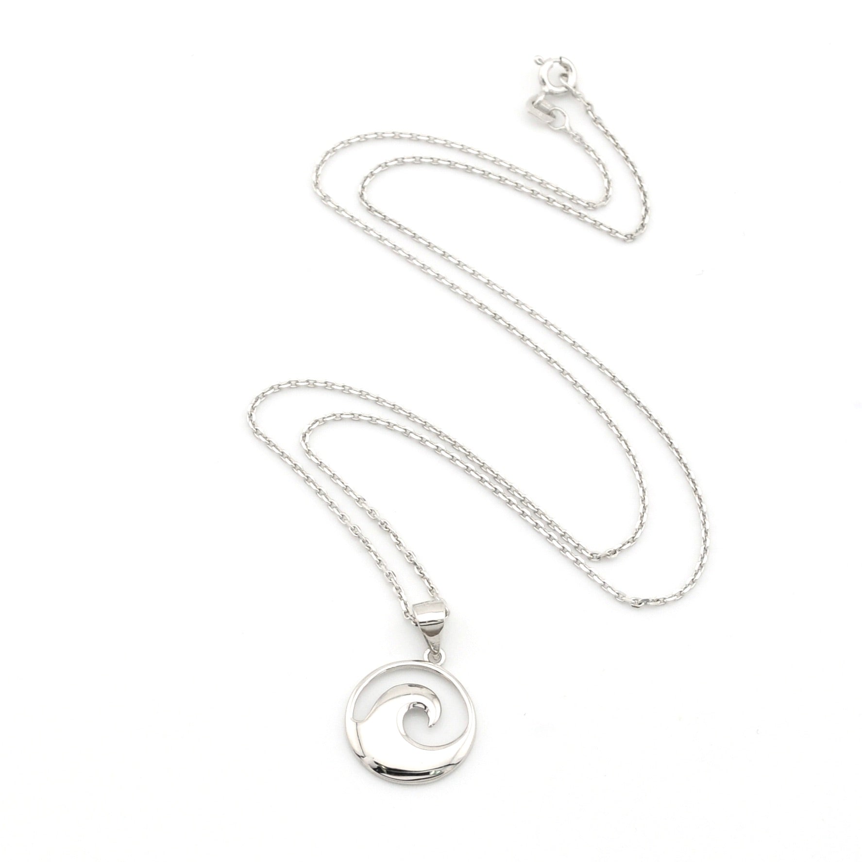 Silver necklace with a wave pendant on a white background