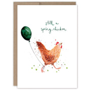 Still a Spring Chicken Birthday Card on white background