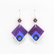 Pair of square-shaped earrings with purple and blue design on a white background