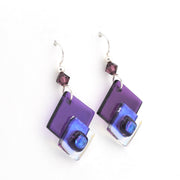 Pair of purple and blue square-shaped earrings on a white background
