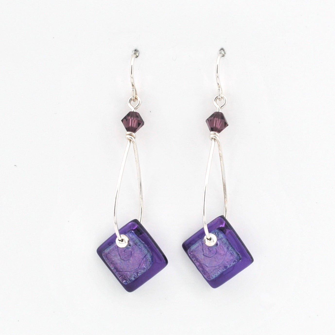 Stricker Purple Fused Glass Square Drop Earrings Front View