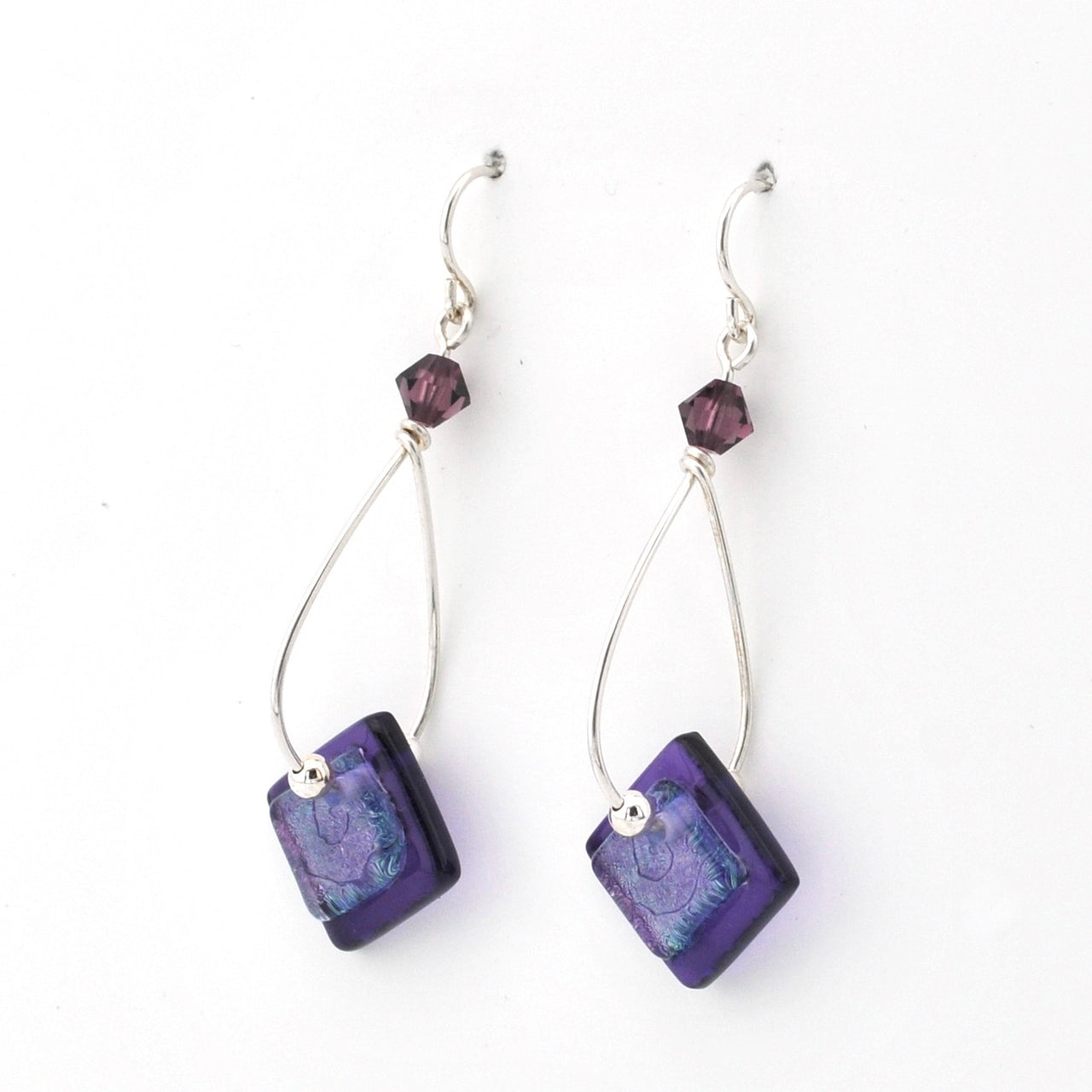Stricker Purple Fused Glass Square Drop Earrings Side View