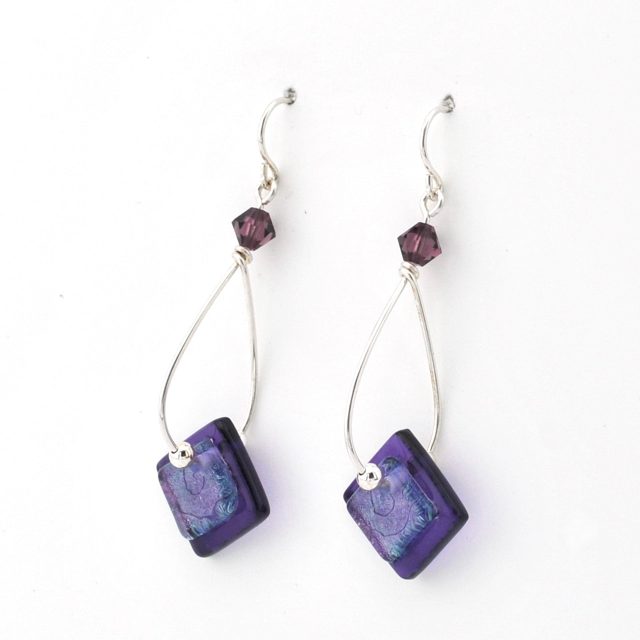 Stricker Purple Fused Glass Square Drop Earrings Side View