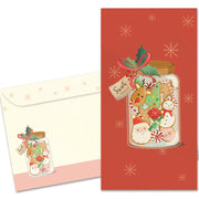 Christmas card with a jar of cookies on a red background