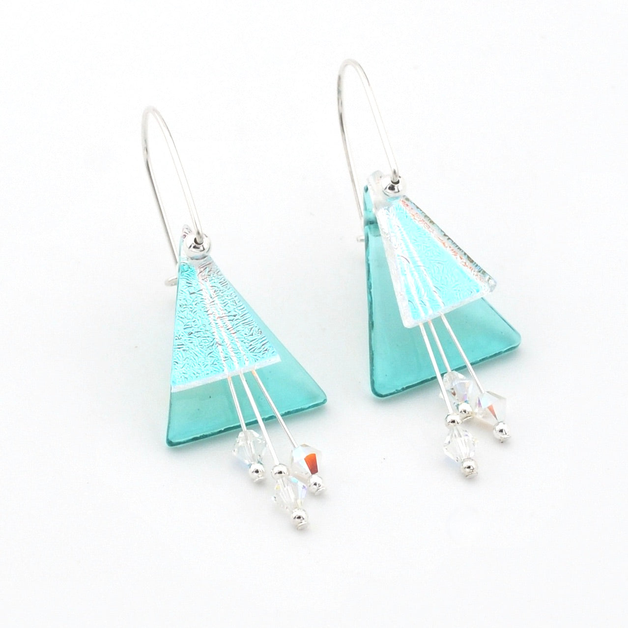 Teal Fused Glass Triangular Dangle Earrings
