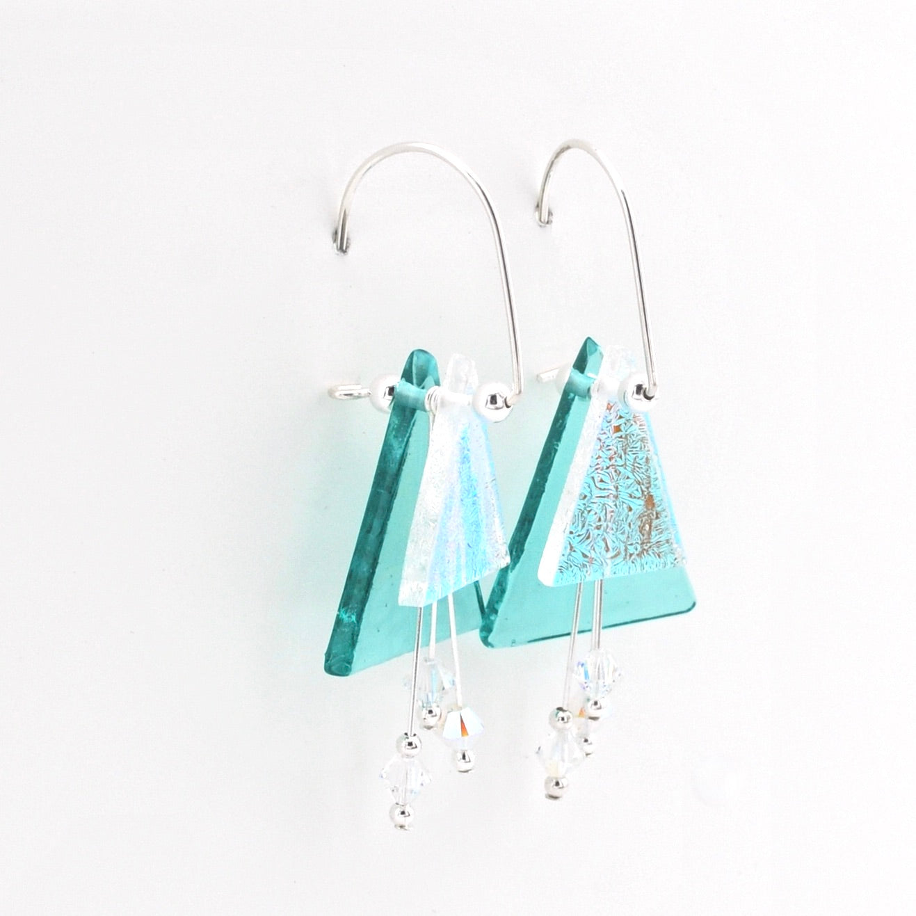 Teal Fused Glass Triangular Dangle Earrings Alternate View