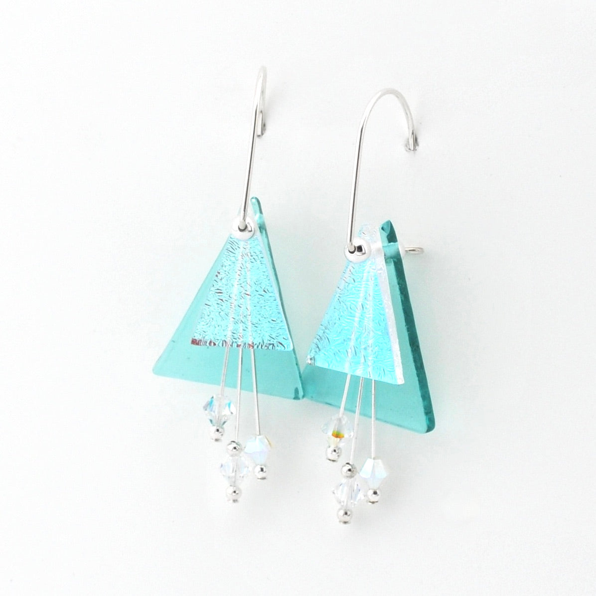 Teal Fused Glass Triangular Dangle Earrings Side View