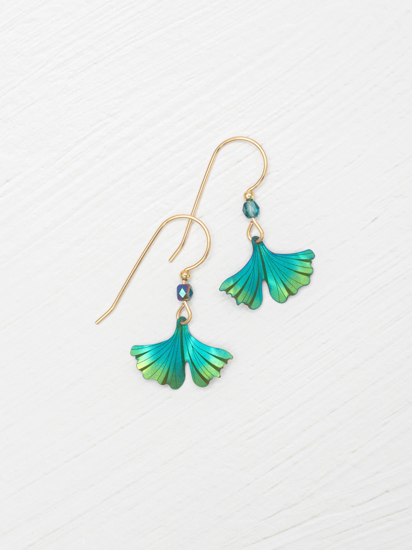 Teal Turquoise Petit Ginkgo Earrings on white background