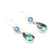 Pair of earrings with teardrop-shaped gemstones on a white background