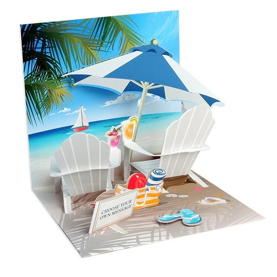 3D beach scene card with chairs, umbrella, and palm trees