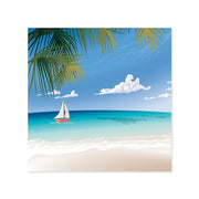 Sailboat on a tropical beach with palm trees and blue sky