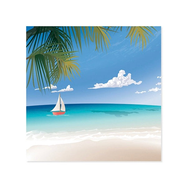 Sailboat on a tropical beach with palm trees and blue sky