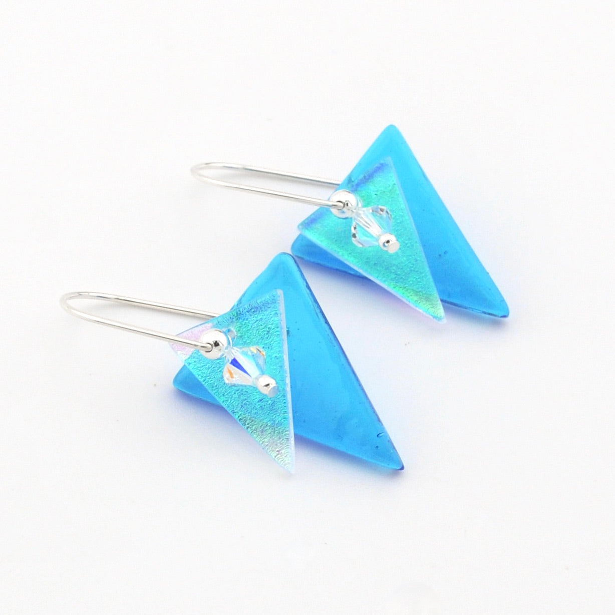 Turquoise Fused Glass Double Triangle Earrings on white background