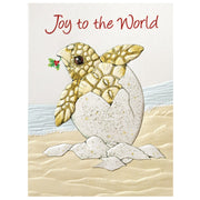Christmas card with a turtle emerging from an egg, 'Joy to the World' text above.