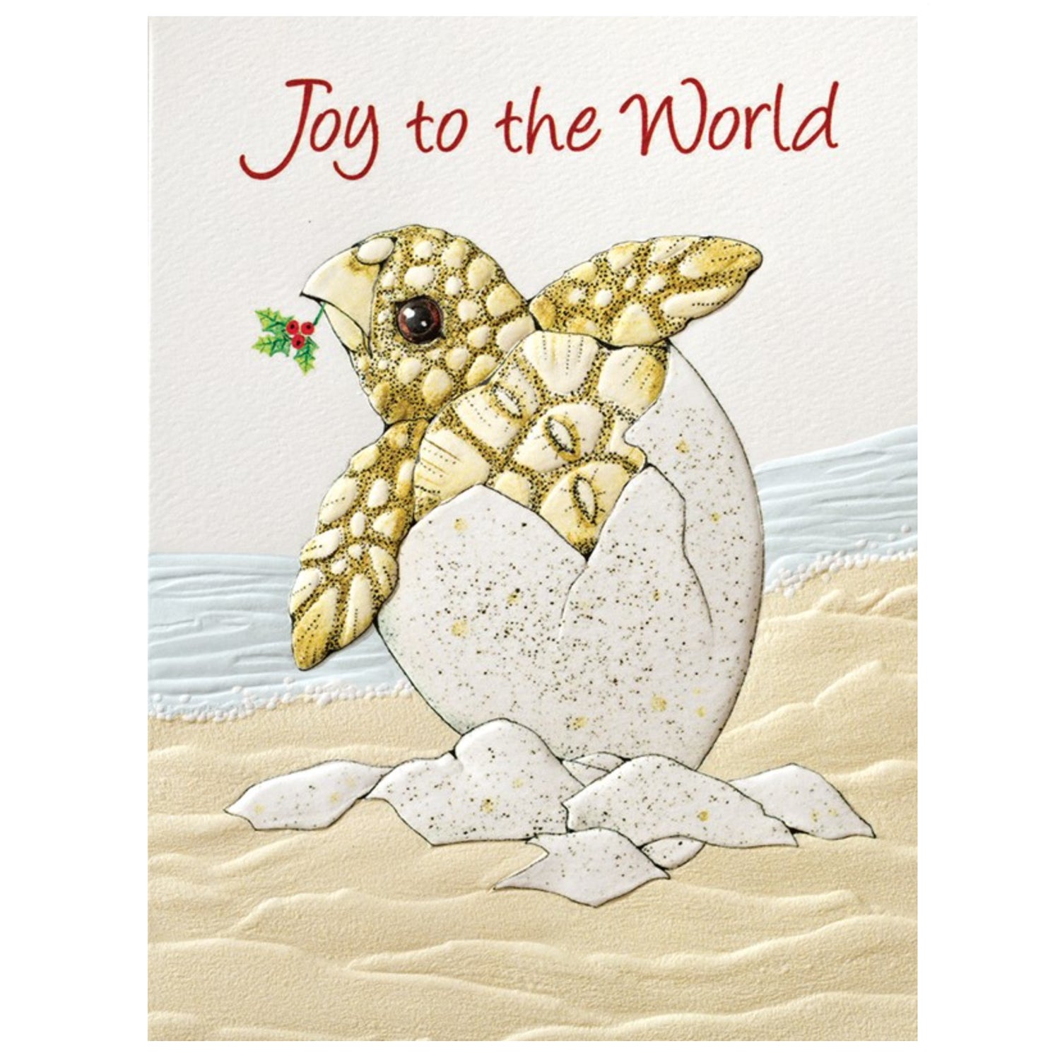 Christmas card with a turtle emerging from an egg, 'Joy to the World' text above.