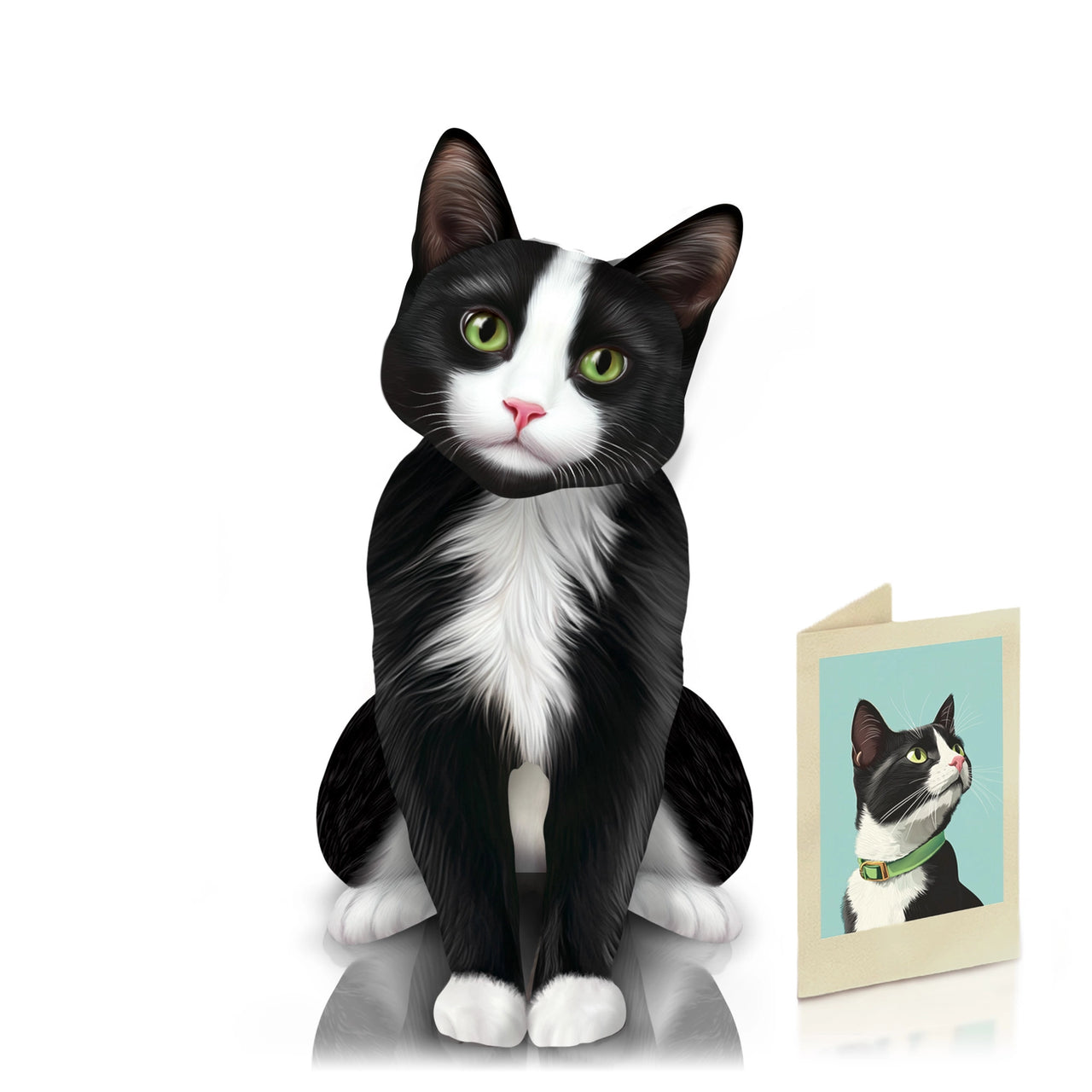 Black and white cat figurine with a matching card on a white background