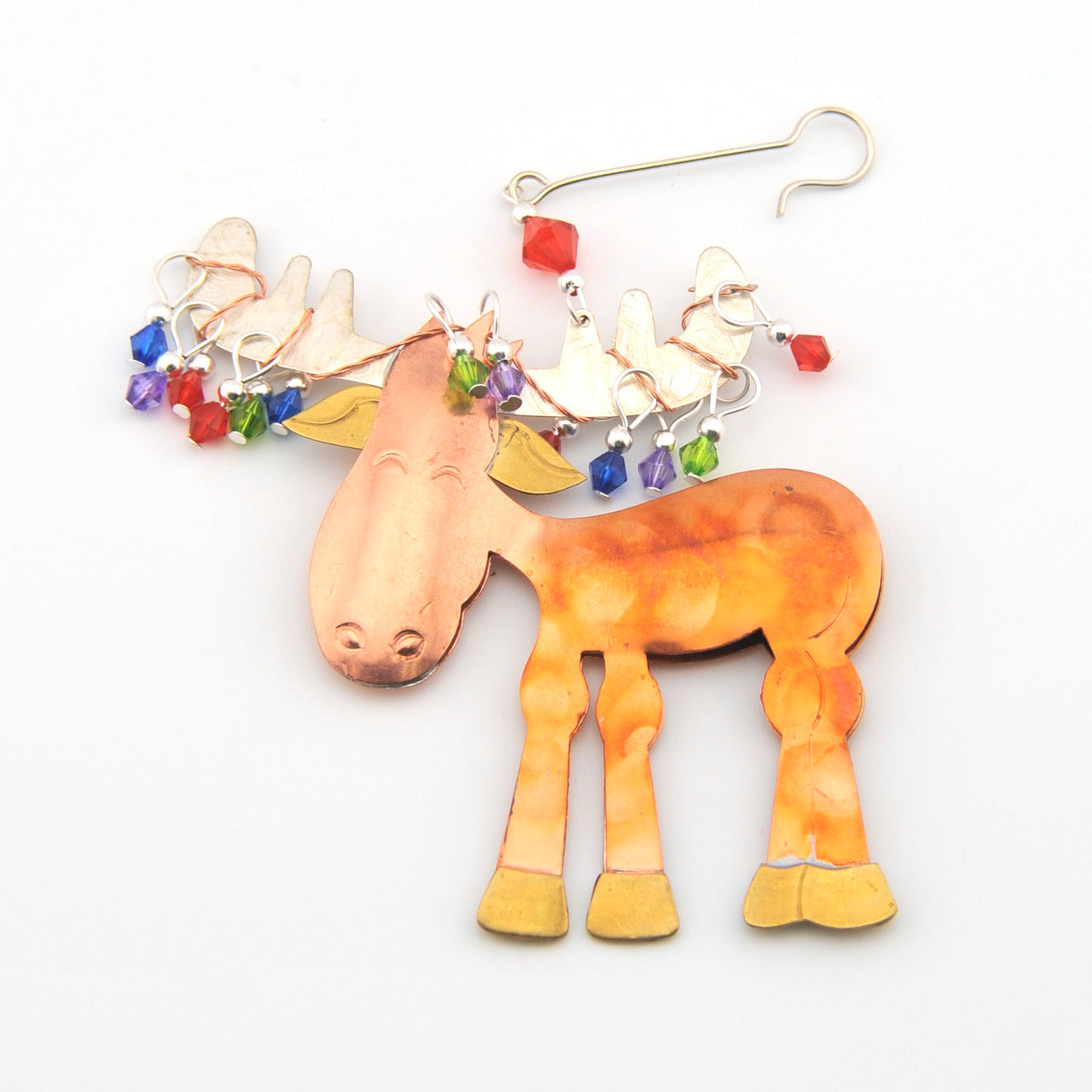 Decorative wall hanging of a moose with colorful beads on a white background