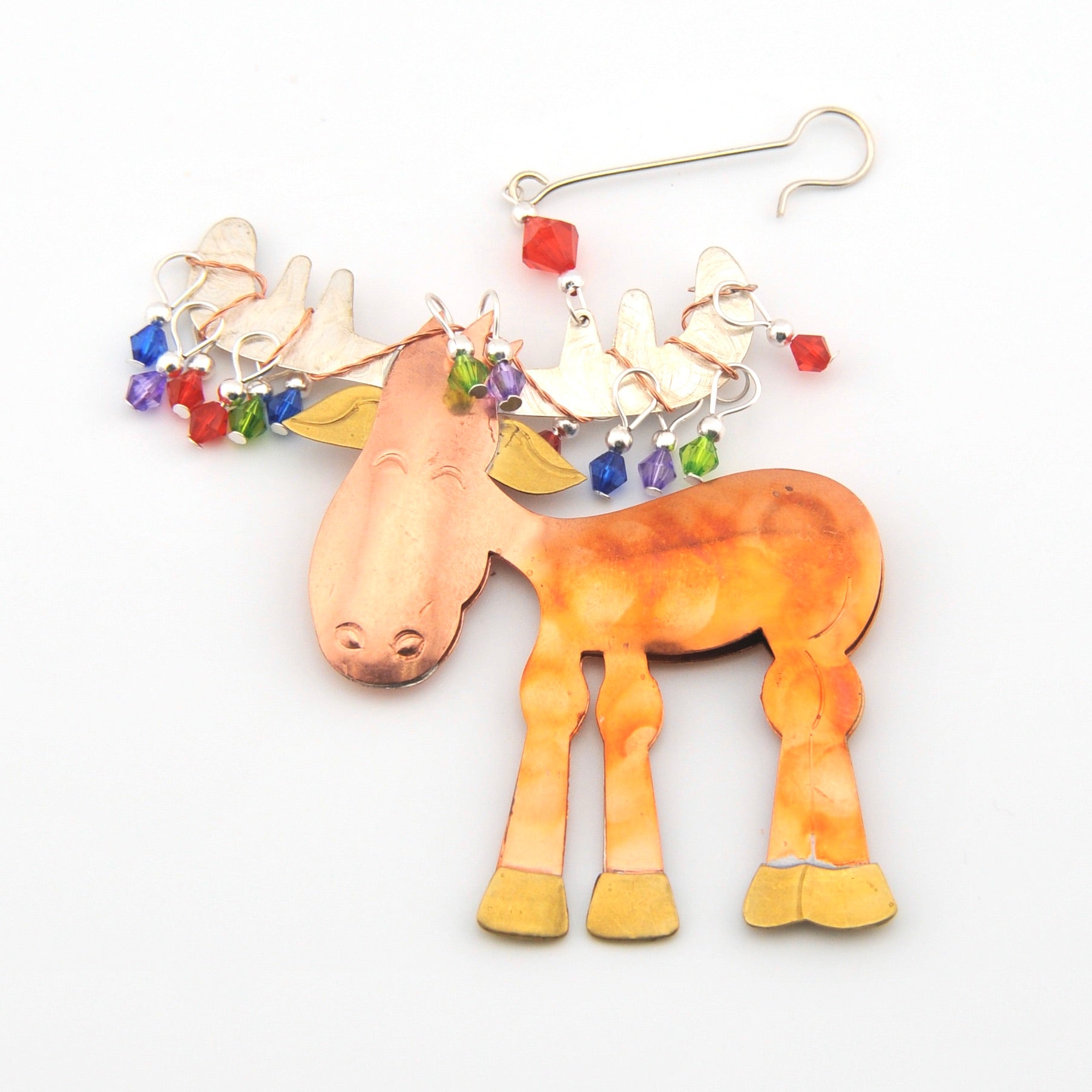 Decorative wall hanging of a moose with colorful beads on a white background