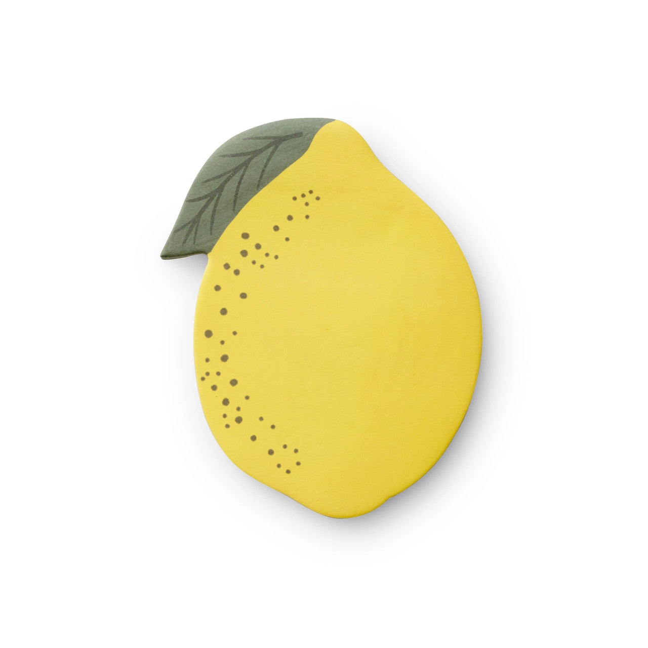 Yellow lemon-shaped sticky notes with a green leaf on a white background