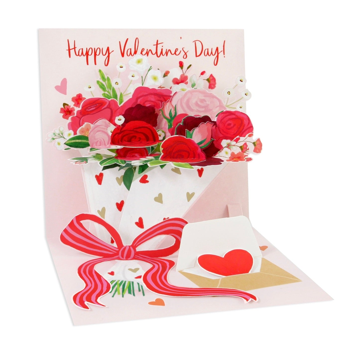 Valentine's Day card with flowers, bow, and envelope on a white background