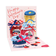 Valentine's Day card with jam jars and a cake on a white background
