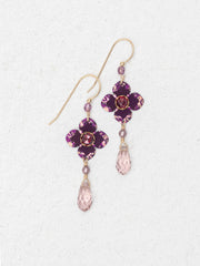 Purple flower-shaped earrings with pink teardrop beads on a white background