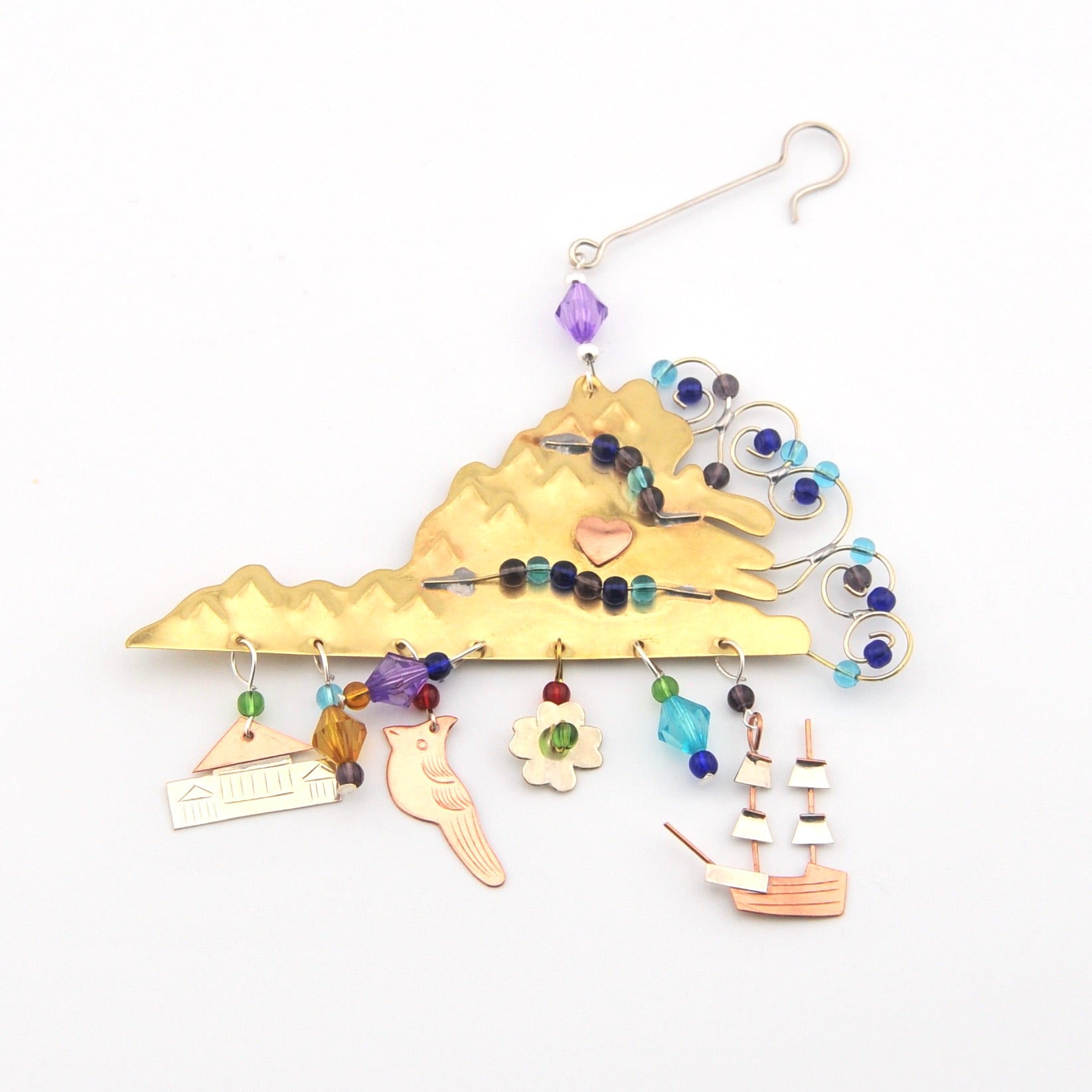 Decorative Virginia ornament with colorful charms on a white background