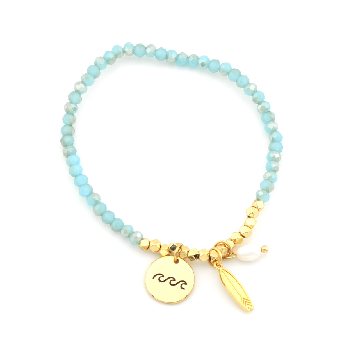 A beaded stretch bracelet featuring light blue faceted beads, gold-toned spacer beads, a gold disc charm engraved with a zodiac symbol, a small white pearl bead, and a gold feather charm, displayed on a clean white background.