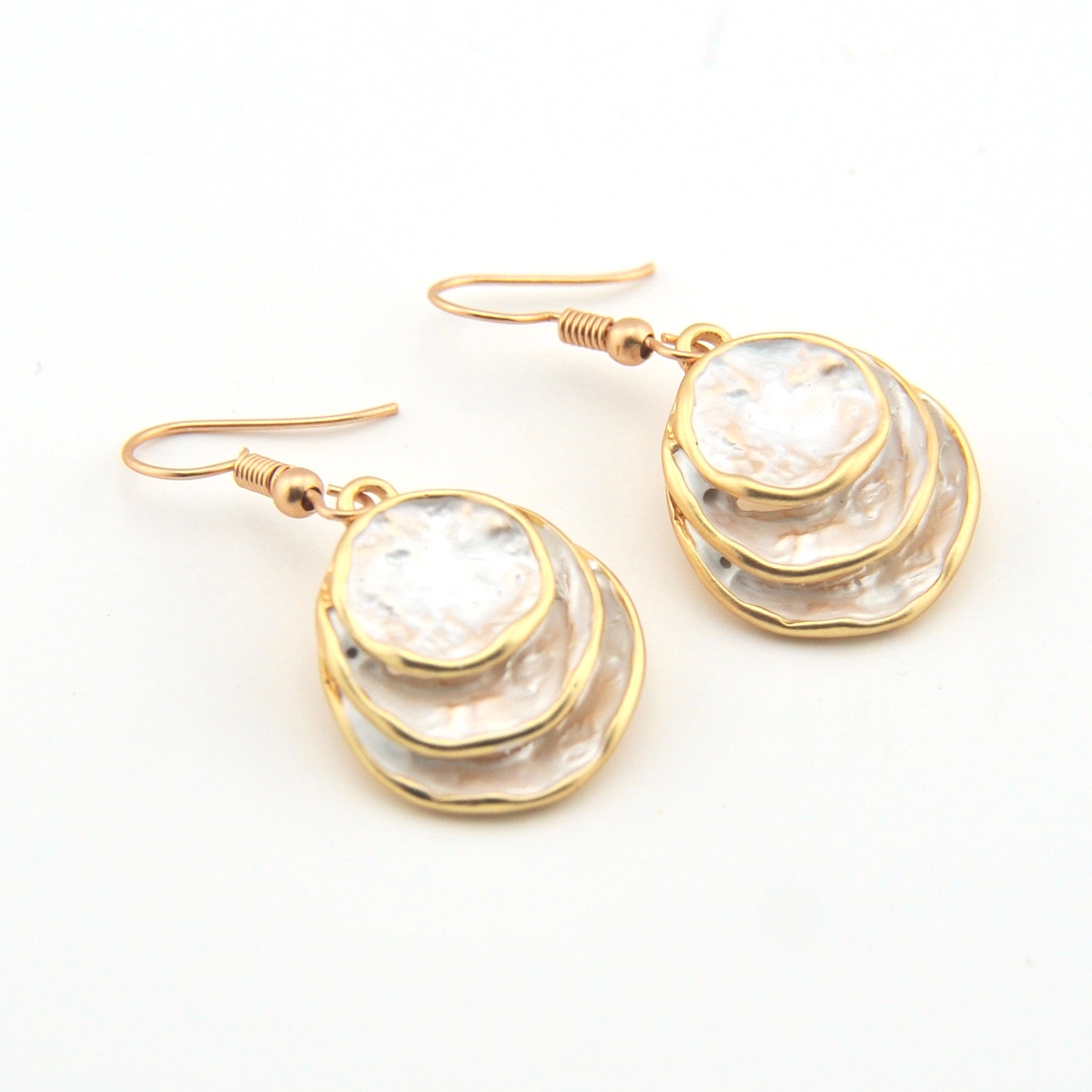 White Gold Three Circle Layered Earrings