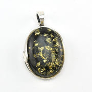 Without Chain Silver Green Amber Oval Pendant