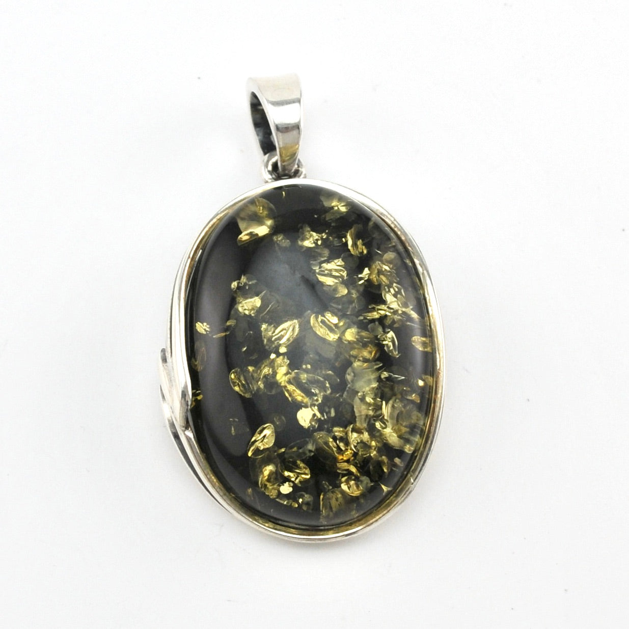 Without Chain Silver Green Amber Oval Pendant