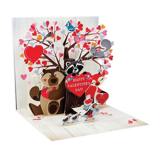Pop-up Valentine's Day card with animals and a heart-shaped tree