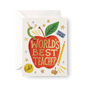 Greeting card with an apple illustration and 'World's Best Teacher' text on a white background