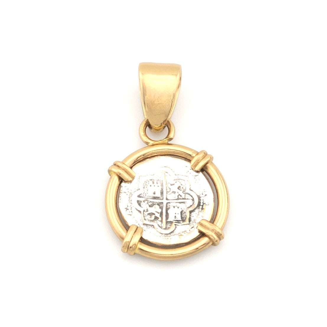 Gold pendant with a circular design on a white background