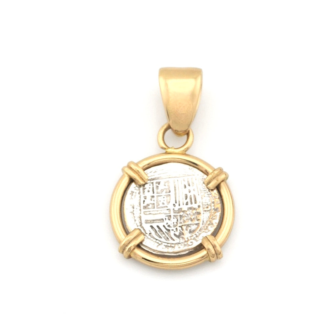 Gold pendant with a circular design on a white background