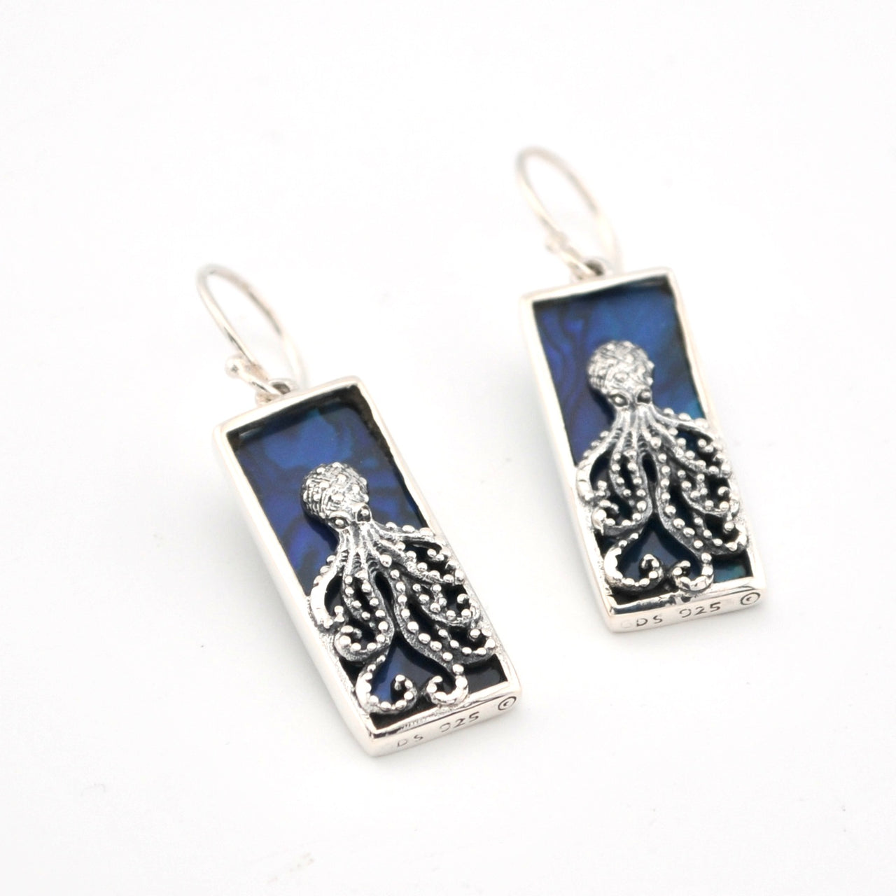 Pair of silver earrings with blue abalone on a white background